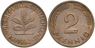 ФРГ 2 пфеннига 1962 J KM 106, J.381 бронза 4575-144
