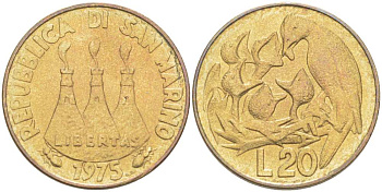 Сан-Марино 20 лир 1975 FAO, птица в гнезде KM 44 алюминиевая бронза UNC 4513-954