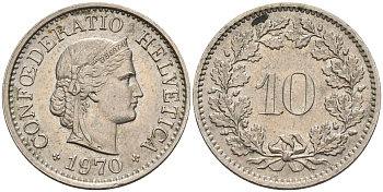 Швейцария 10 раппенов 1970  KM 27 медно-никель    4152-1142
