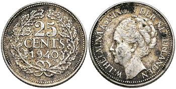 Нидерланды 25 центов 1940 Вильгельмина (1890-1948) KM 164 серебро 4549-1057