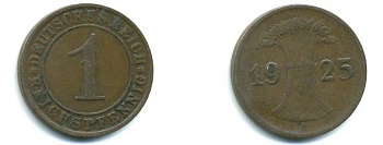 ГЕРМАНИЯ 1 РЕЙХСПФЕННИГ 1925 А KM 37, J. 313 бронза 62-2459