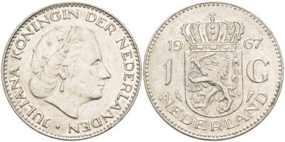 Нидерланды 1 гульден 1967 Юлиана (1948-1980) KM 184а никель 213-947