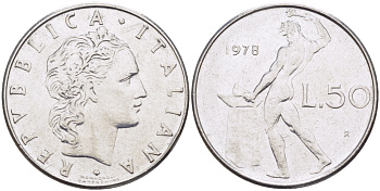 ИТАЛИЯ 50 ЛИР 1978 R, КУЗНЕЦ KM 95.1 нержавеющая сталь 89-1333