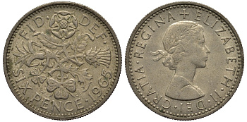 Великобритания 6 пенсов 1965 Елизавета II (1952-2022) KM 903, Spink 4149 медно-никель 4538-646