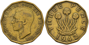 Великобритания 3 пенса 1942 Георг VI (1936-1952) KM 849, Spink 4112 никель латунь 4153-723