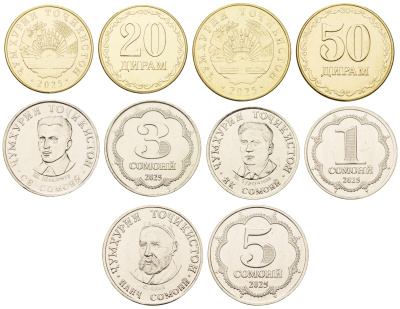 Таджикистан лот из 5 монет 2025 (20, 50 дирам, 1, 3 и 5 сомони) UNC M76-16