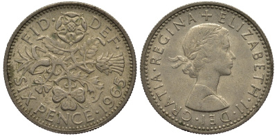 Великобритания 6 пенсов 1965 Елизавета II (1952-2022) KM 903, Spink 4149 медно-никель 4538-646
