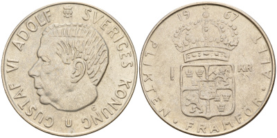 Швеция 1 крона 1967 U, Густав VI Адольф (1950-1973) KM 826 серебро 4597-225