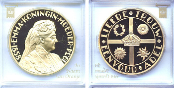 НИДЕРЛАНДЫ МЕДАЛЬ ND КОРОЛЕВА НИДЕРЛАНДОВ ЭММА (1858-1934) бронза, позолота PROOF 5-3-1-66