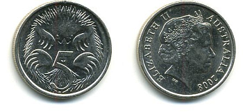 АВСТРАЛИЯ 5 ЦЕНТОВ 2007 ЕЛИЗАВЕТА II, ТРЕТИЙ ПОРТРЕТ, ЕХИДНА KM 401 медно-никель 46-2317