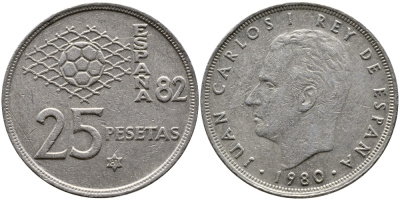 Испания 25 песет 1981 (80), Хуан Карлос, чемпионат мира по футболу Испания 82 KM 818 медно-никель 4379-1214