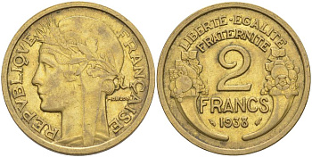 ФРАНЦИЯ 2 ФРАНКА 1938 ТИП MORLON KM 886, LE FRANC 268.11 алюминиевая бронза 3855-124