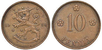 Финляндия 10 пенни 1939 KM 24 медь 51-3145