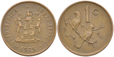 ЮАР 1 ЦЕНТ 1975 ГЕРБ, КАПСКИЕ ВОРОБЬИ KM 82 бронза 3309-614