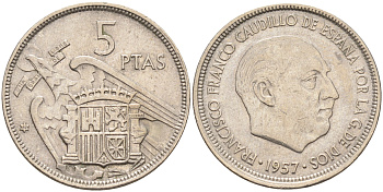 Испания 5 песет 1957 (67) Франсиско Франко (1939-1975) KM 786 медно-никель    4595-1024