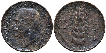 Италия 5 чентезимо 1926 R, колос, Виктор Эммануил III (1900-1946) KM бронза 4171-842