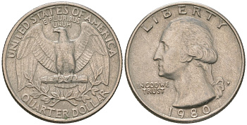 США 25 центов (квотер) 1980 P, Вашингтон KM A164a медь плакированная медно-никелем 4597-1155