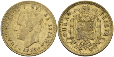 Испания 1 песета 1975 (76) Хуан Карлос I (1975-2014) KM 806 алюминиевая бронза 4604-155