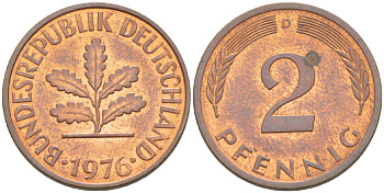 ФРГ 2 ПФЕННИГА 1976 D KM 106а, J. 381а сталь плакированная сталь плакированная медьюю 4181-822