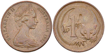 АВСТРАЛИЯ 1 ЦЕНТ 1972 ЕЛИЗАВЕТА II, МОЛОДОЙ ПОРТРЕТ, ОПОССУМ KM 62 бронза 100-759