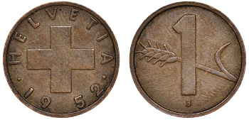 Швейцария 1 раппен 1952 KM 46 бронза 4174-141