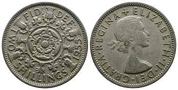 Великобритания 2 шиллинга (флорин) 1955 Елизавета II (1952-2022) KM 906, Spink 4146 медно-никель 4607-915