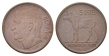 Норвегия 5 эре 1970 Улаф V (1957-1991) KM 405 бронза 24-722