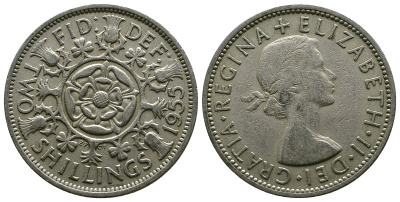 Великобритания 2 шиллинга (флорин) 1955 Елизавета II (1952-2022) KM 906, Spink 4146 медно-никель 4607-915