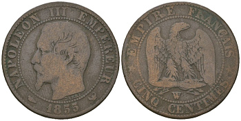 Франция 5 сантимов 1855 W, Наполеон III (1852-1870) KM 777.7, Le Franc 116.28 бронза 67-243