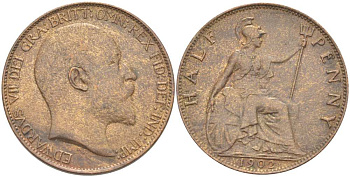 Великобритания 1/2 пенни 1902 Эдуард VII (1901-1910) KM 793.2, Spink 3991 бронза 1518-1414