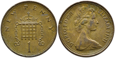 Великобритания 1 пенни 1971 Елизавета II (1952-2022) KM 915, Spink 4237 (B1) бронза 4393-247