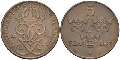 Швеция 5 эре 1935 Густав V (1907-1950) KM 779.2 бронза 4557-626