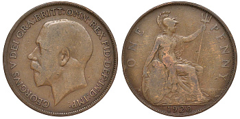Великобритания 1 пенни 1920 Георг V (1910-1936) KM 810, Spink 4051 бронза 4123-1122