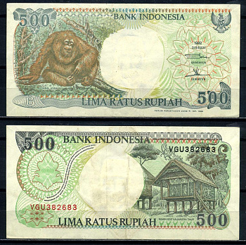 Индонезия 500 рупий 1992/1996 орангутан Pick 128е бумага 8602-22-1-1