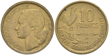 Франция 10 франков 1950 В, петух KM 915.2, Le Frank 363.5 алюминиевая бронза 212-1245