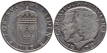 Швеция 1 крона 1979 Карл XVI Густав (1973- ) KM 852 медь плакированная медно-никелем 56-1226