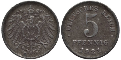 ГЕРМАНИЯ 5 ПФЕННИГОВ 1921 F KM 19, Jager 297, Weege 5 железо 4547-632