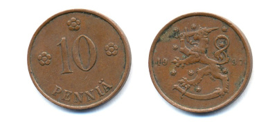 Финляндия 10 пенни 1937 республика (1918-1962) KM 24 медь 51-5543