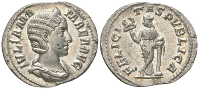 Римская Империя денарий 228 Юлия Мамея, мать Александра Севера, IVLIA MAMAEA AVG, бюст императрицы/FELICITAS PVBLICA, персонификация Счастья, Рим, в слабе RNGA - MS RIC 335 серебро 15-004-07