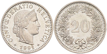 ШВЕЙЦАРИЯ 20 РАППЕНОВ 1991 В KM 29a медно-никель 55-1037