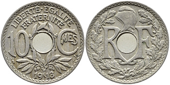 Франция 10 сантимов 1918 тип Линдайё KM 866a, Le Franc 138.3 медно-никель 83-222
