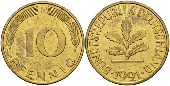 ФРГ 10 пфеннигов 1991 D KM 108, J. 383 сталь плакированная латунью 4175-444