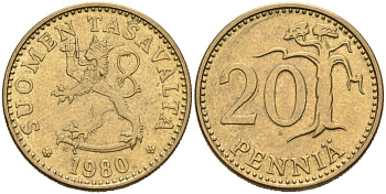 ФИНЛЯНДИЯ 20 ПЕННИ 1980 K KM 47 алюминиевая бронза 4563-327