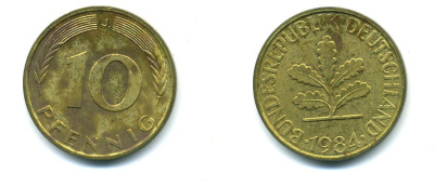 ФРГ 10 ПФЕННИГОВ 1984 J KM 108, J.383 сталь плакированная латунью 46-1446