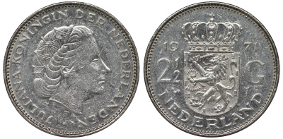 Нидерланды 2 1/2 гульдена 1971 Юлиана (1948-1980) KM 191 никель 4131-126