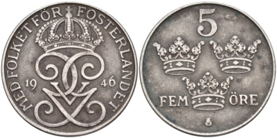 Швеция 5 эре 1946 Густав V (1907-1950) KM 812 железо 4557-721