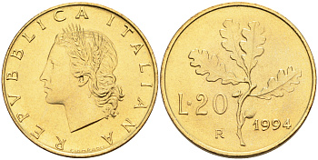 Италия 20 лир 1994 R, дубовый лист KM 97.2 алюминиевая бронза  UNC  4594-859