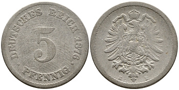ГЕРМАНИЯ 5 ПФЕННИГОВ 1876 E, СТАРОГЕРБОВКА KM 3, J.3 медно-никель 4387-745