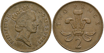 Великобритания 2 пенса 1988 Елизавета II (1952-2022) KM 936, Spink 4376 (C3) бронза 4167-535