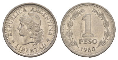 Аргентина 1 песо 1960 KM 57 сталь плакированная никелем 4656-1136